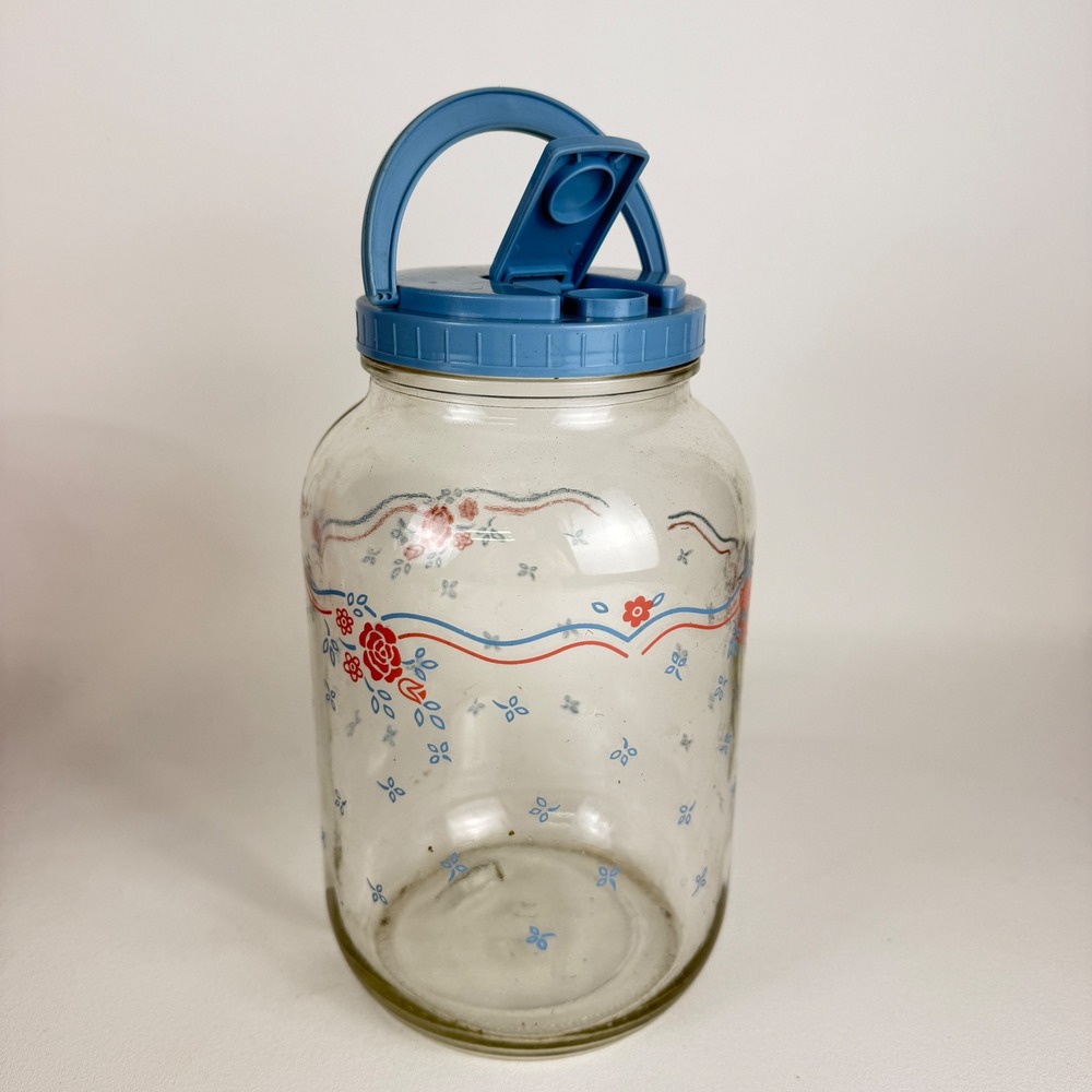 Vintage Anchor Hocking Glass Beverage Pitcher Jar Blue Lid Floral 1980s